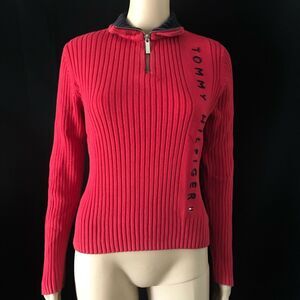 Tommy Hilfiger Vintage Spell-Out Quarter Zip Red Sweater M